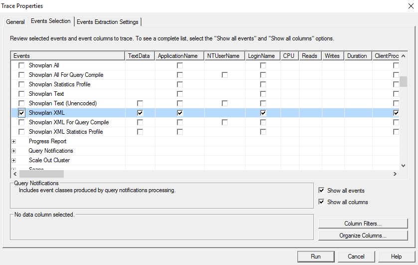 The Showplan XML event selected under the Performance section