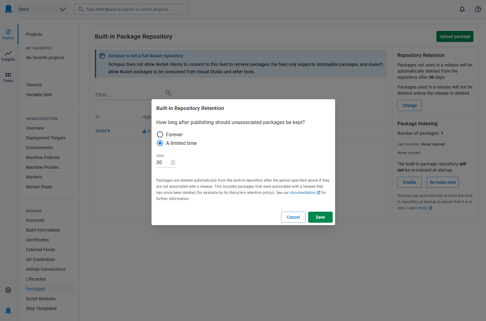 Choosing how long to keep packages in the built-in repository