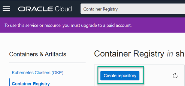 The Create repository button in the OCI Container Registry