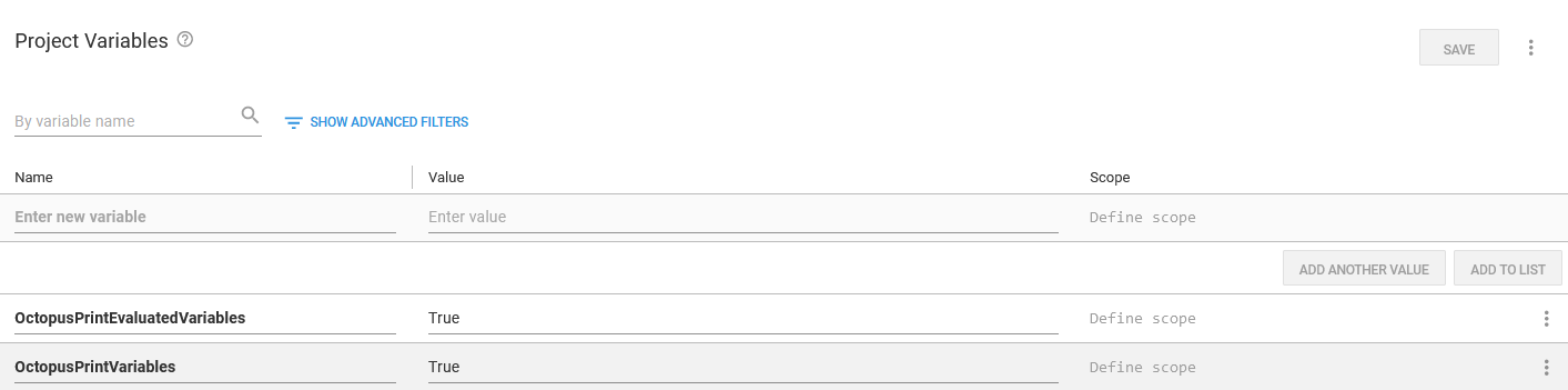Variable definitions printed in the deployment log