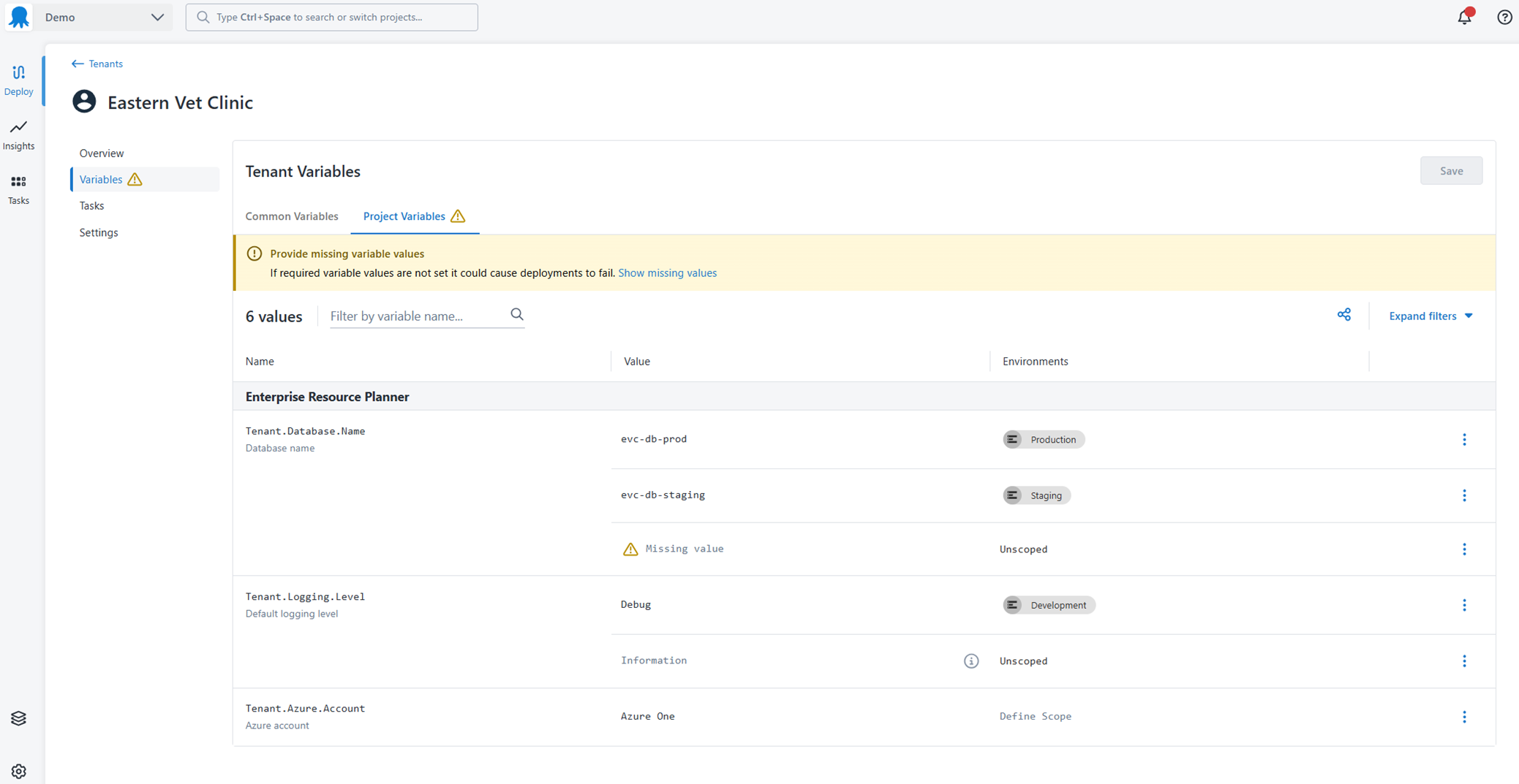 Setting a project template value on the tenant variables screen